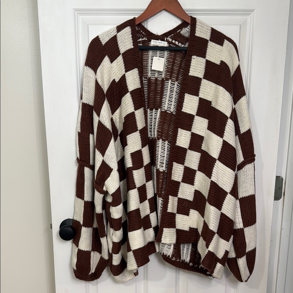 Brown and White Checkered Oversized Cardigan